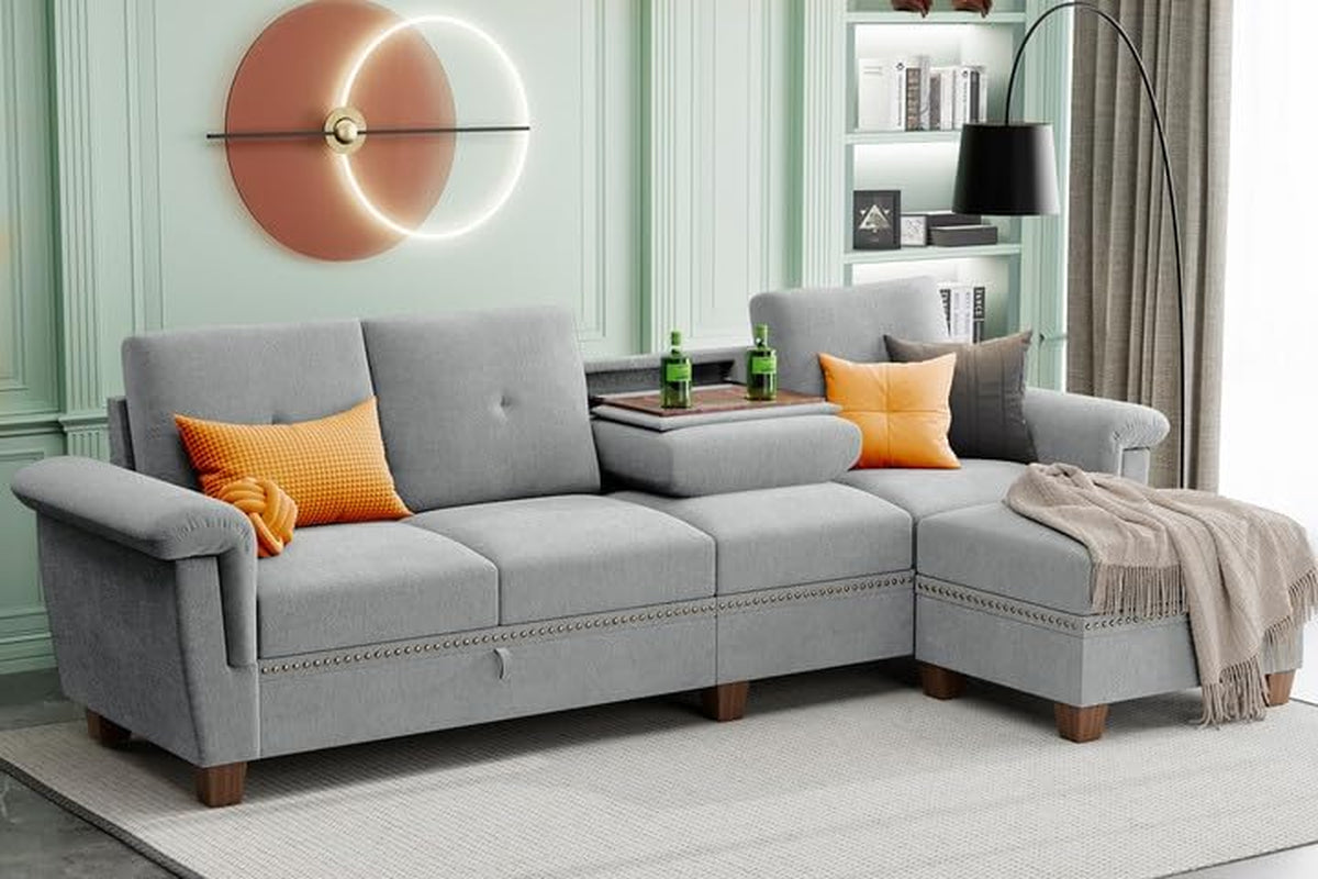Dark Gray L-Shaped Sectional Couch with Storage